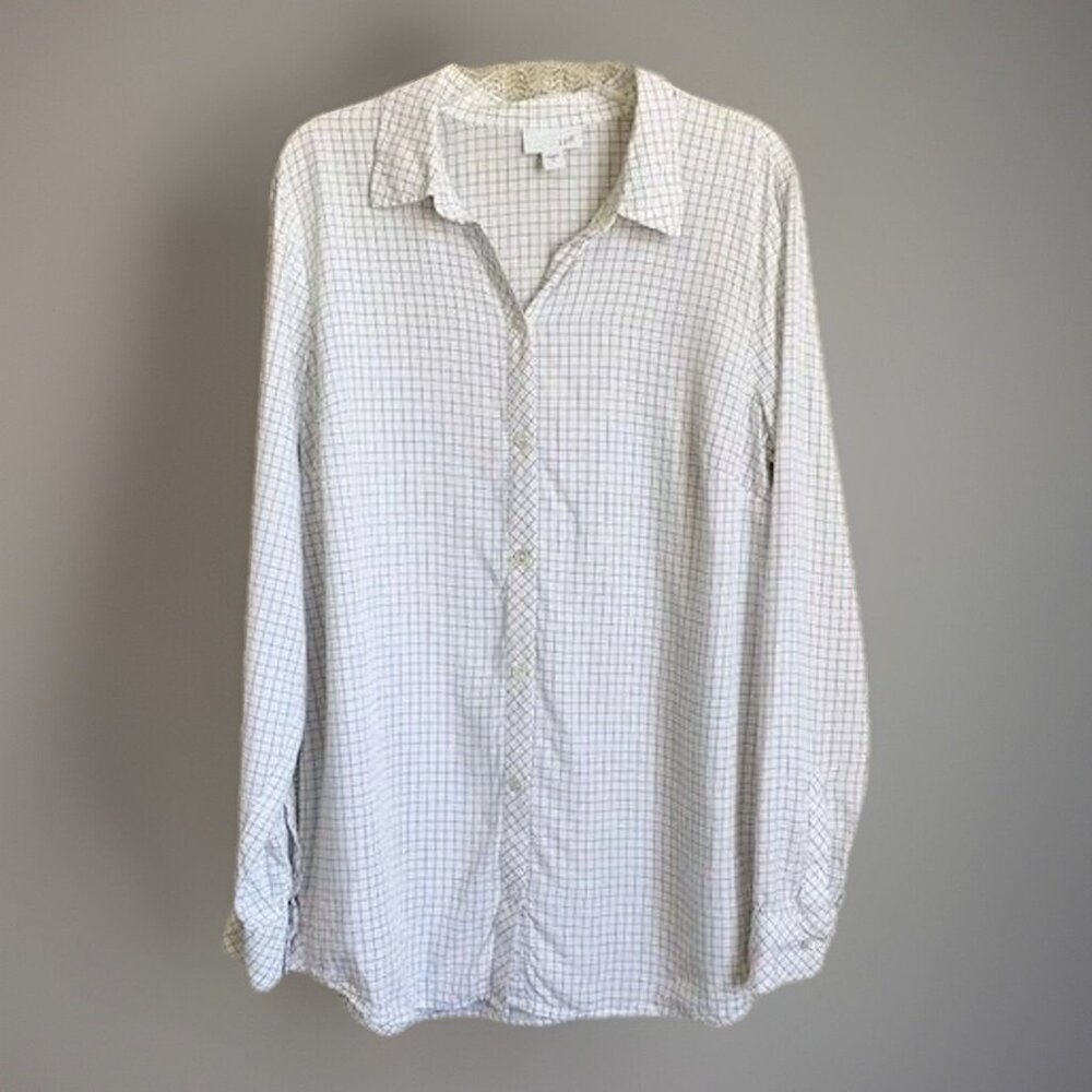 J.Jill White Check Button Down Top Tunic Women Small Long Sleeves Casual Office